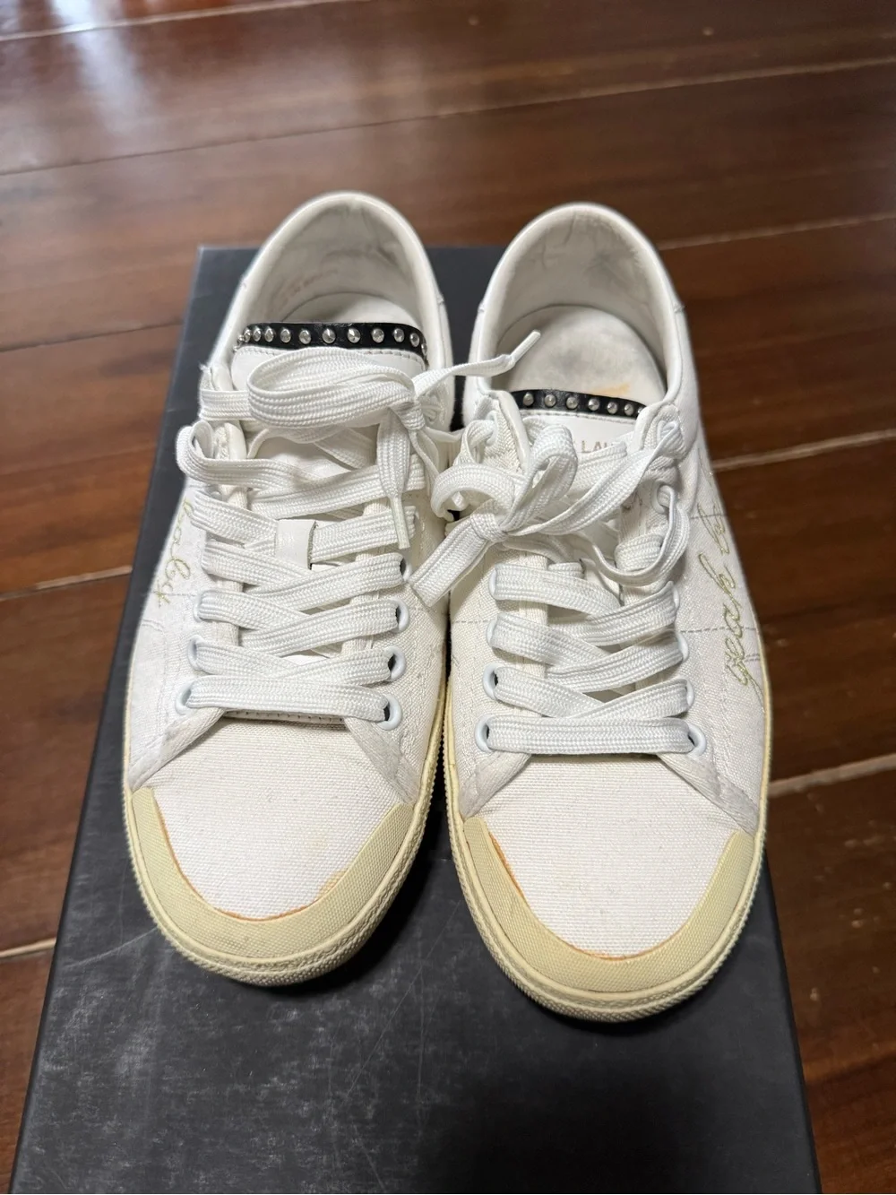 Saint Laurent White Canvas 'yeah baby' Sneakers with Gold Embroidery